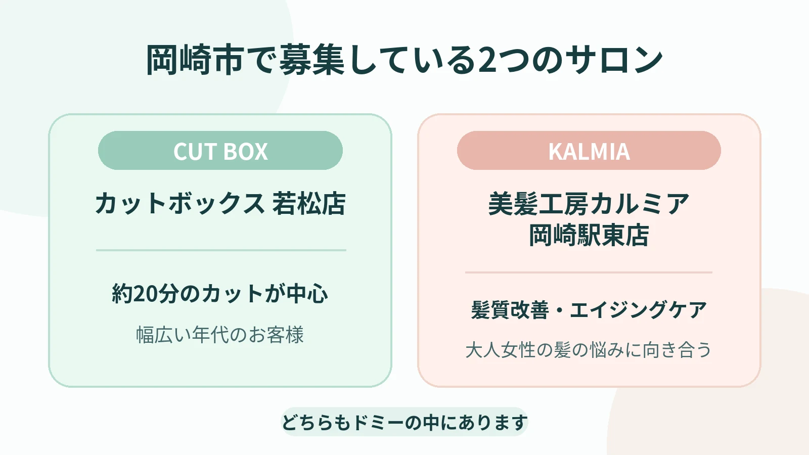 岡崎市で募集するカットボックス若松店と美髪工房カルミア岡崎駅東店の仕事内容比較