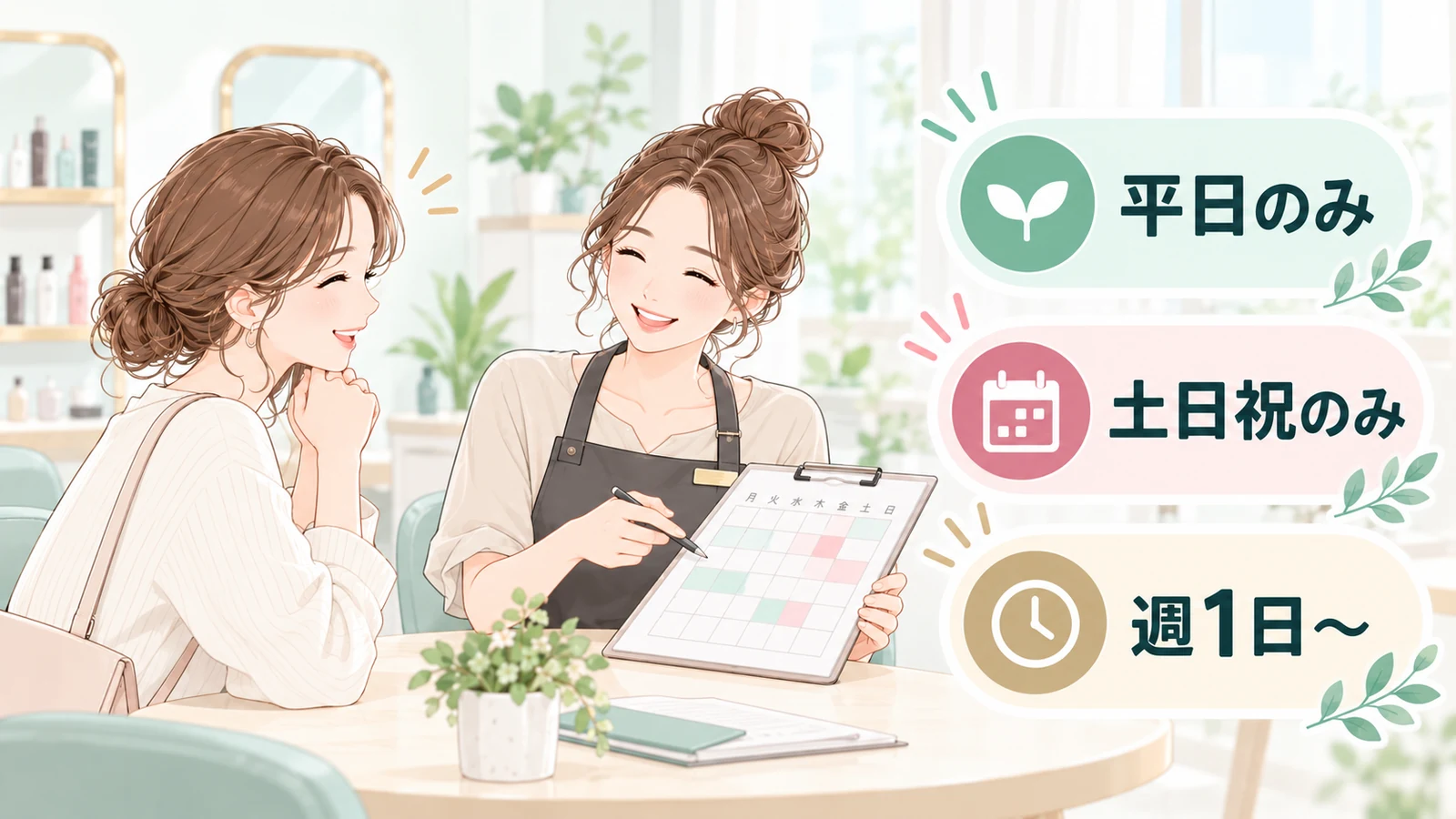 平日のみ・土日祝のみ・週1日からなど希望の働き方を相談するイラスト