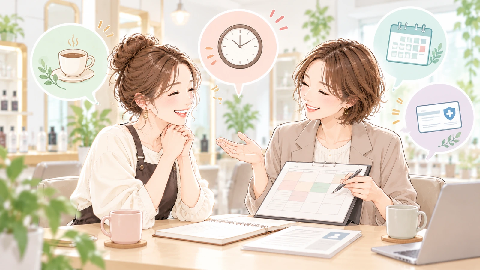 休憩やシフト・保険について相談するイメージイラスト