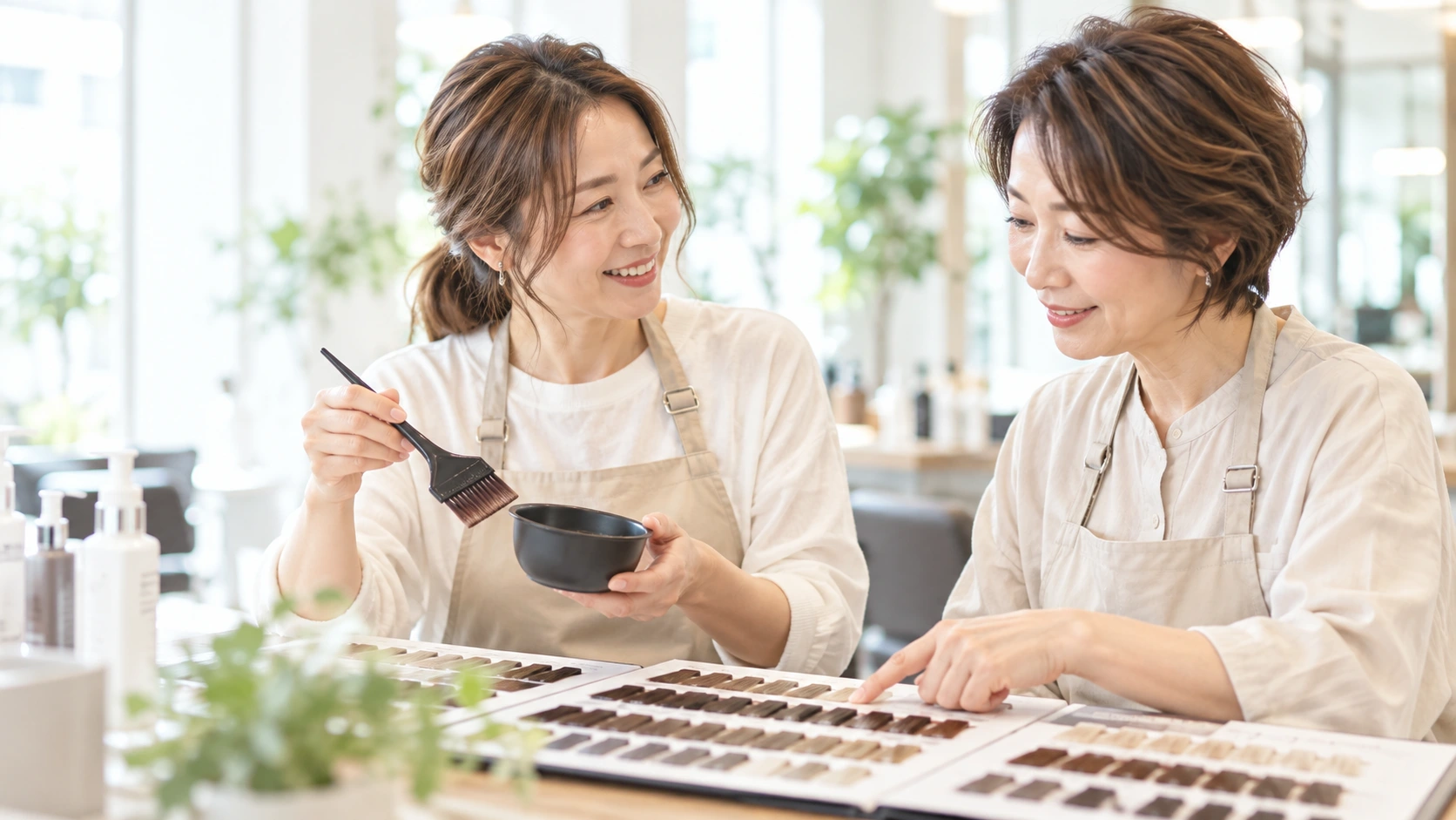 カラー見本を見ながら仕事内容について相談するイメージ
