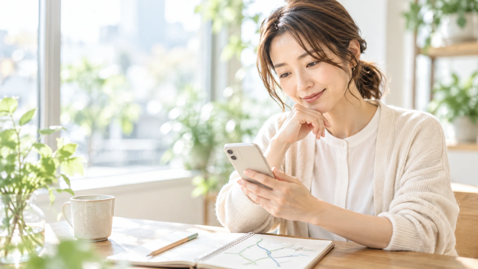 スマートフォンで通勤条件を確認する女性のイメージ