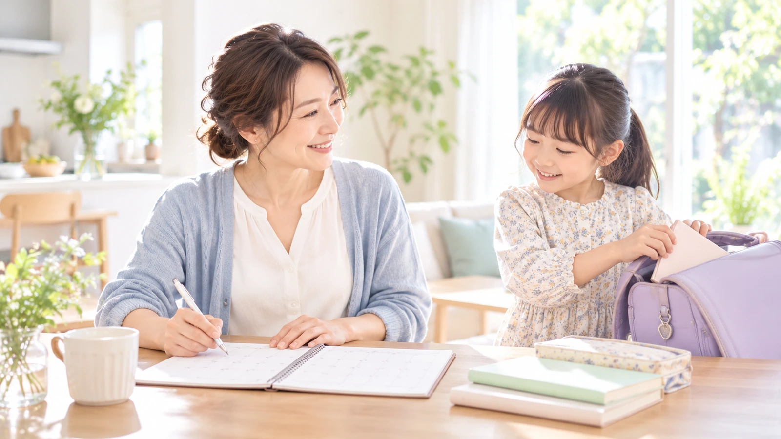 子どもの支度を見ながら勤務予定を考える母親のイメージ