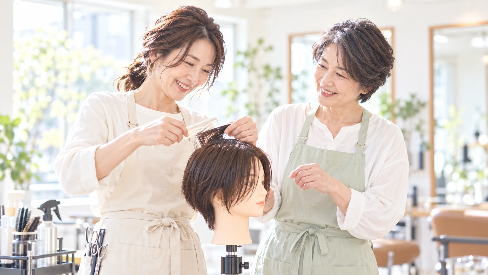 同世代の美容師と練習用ウィッグで技術を確認する復職のイメージ