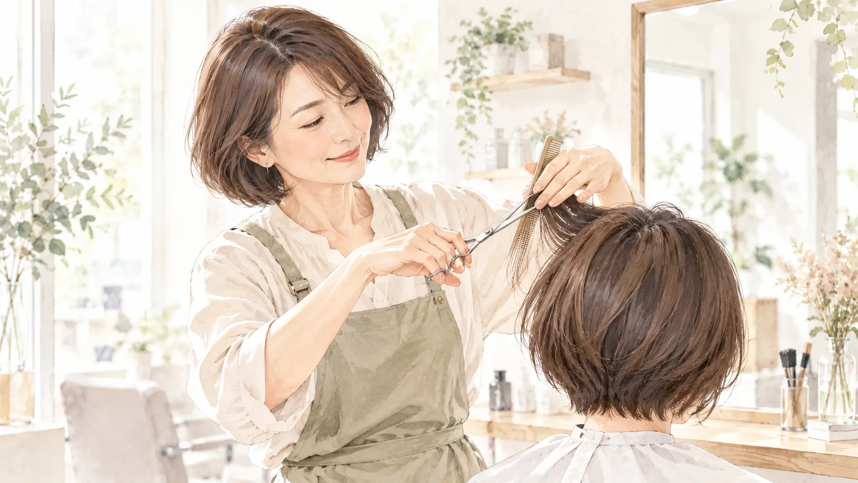 明るいサロンでカットを担当する40代の美容師