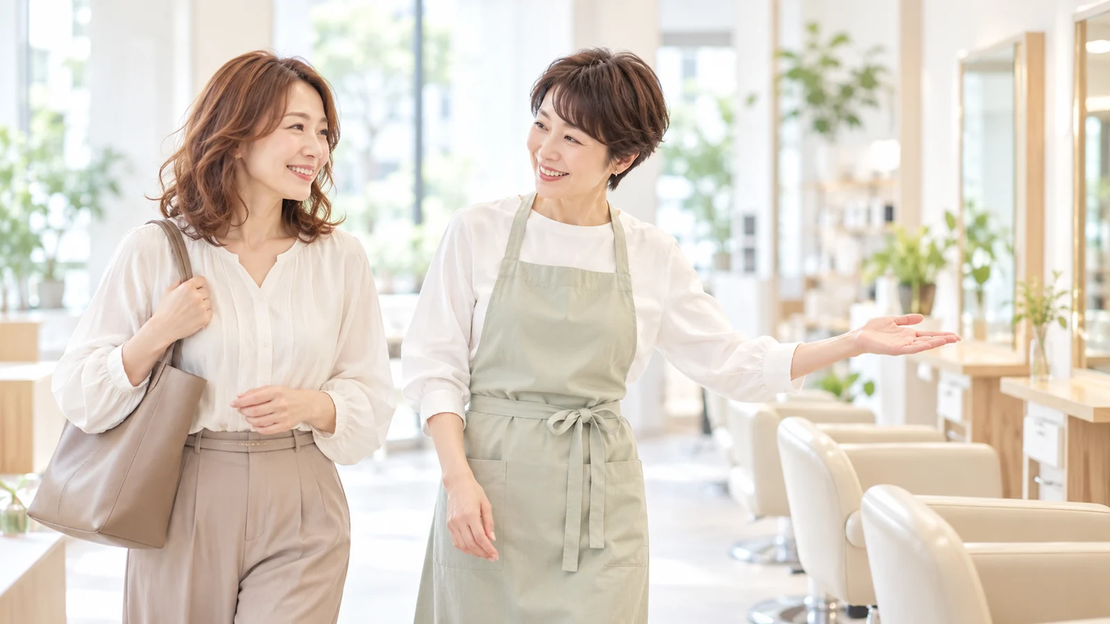 女性美容師が見学者に仕事の流れを案内するイメージ
