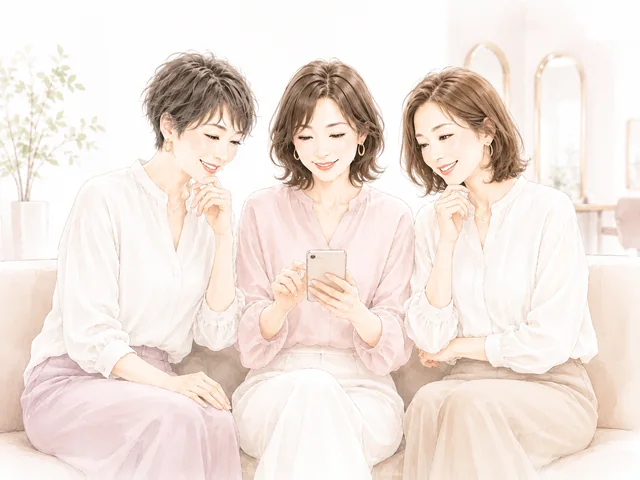 スマートフォンを見ながら働き方について話す3人の女性美容師