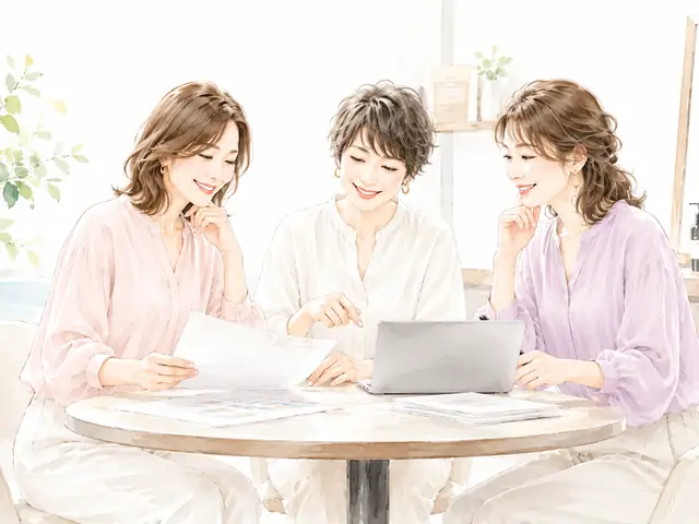 会社の数字を見ながら打ち合わせる3人の女性美容師