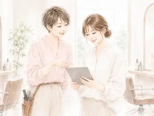 先輩美容師が復職するスタッフへやさしくアドバイスする様子